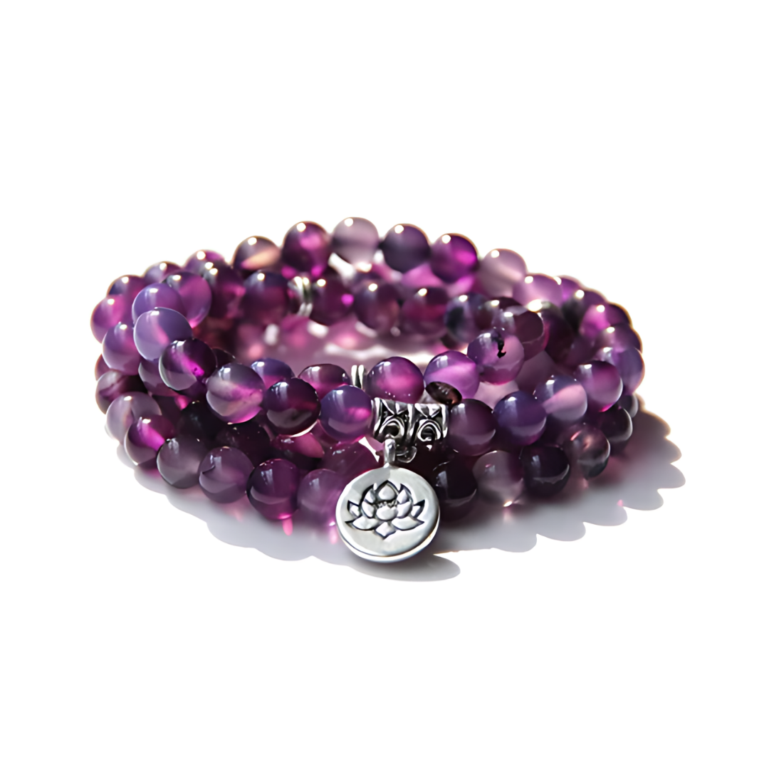 Natural Stone Mala Beads with Lotus Pendant