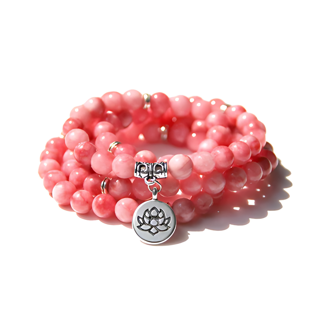 Natural Stone Mala Beads with Lotus Pendant