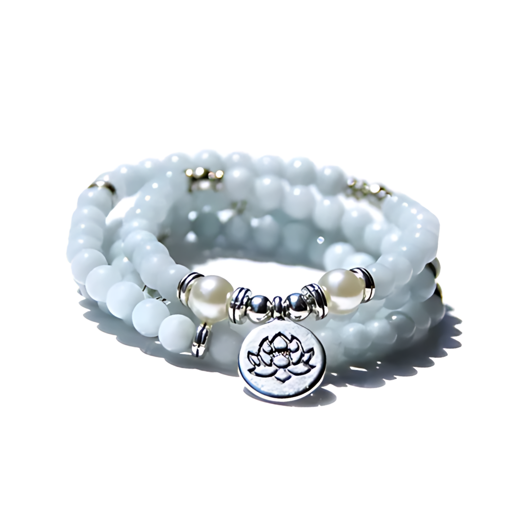 Natural Stone Mala Beads with Lotus Pendant